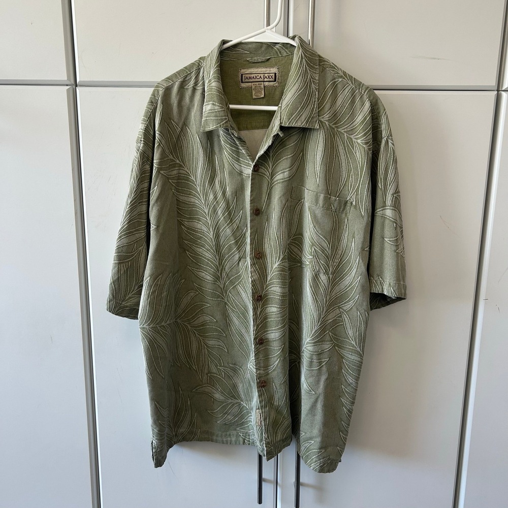 Jamaica Jaxx Mens XXL Green 100% Silk Jacquard Leaf Short Sleeve Camp Shirt